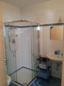 a bathroom with a shower and a sink at Ferienwohnung Familie Tost in Trins