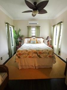 a bedroom with a bed with a ceiling fan at The Pilot House in Rock Sound