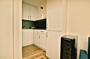eine Küche mit weißen Schränken und einem Kühlschrank in der Unterkunft Veselý - vinný sklep in Moravská Nová Ves