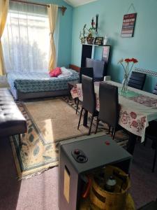 una sala de estar con una sala con estufa. en Casa Gimar Austral, en Puerto Montt