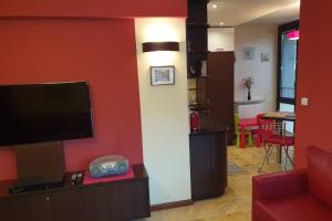 salon z czerwoną ścianą i telewizorem z płaskim ekranem w obiekcie Przytulny apartament nr 115 Krynica Zdrój w mieście Krynica Zdrój +3 zdjęcia