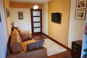 ein Wohnzimmer mit einem Sofa und einem TV in der Unterkunft Przytulny apartament nr 115 Krynica Zdrój in Krynica-Zdrój
