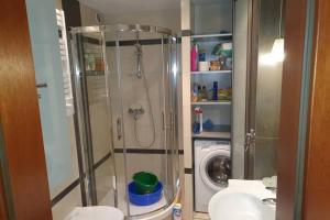 łazienka z prysznicem i pralką w obiekcie Przytulny apartament nr 115 Krynica Zdrój w mieście Krynica Zdrój