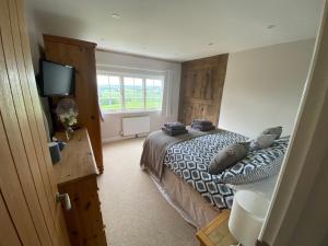 1 dormitorio con 1 cama y TV en Amazing cottage right in the heart of Ewhurst Green, overlooking Bodiam Castle en Sandhurst