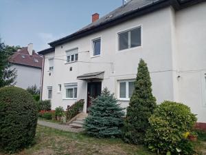 a white house with two christmas trees in the yard at Baross Apartman in Tapolca