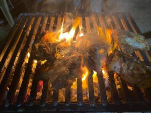 a bunch of meat on a grill with flames at Pavisha Farm House Swimming Pool in Pondicherry