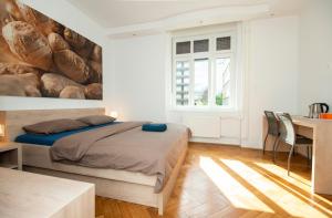 a bedroom with a bed and a desk and a window at Viva Rooms in Ljubljana