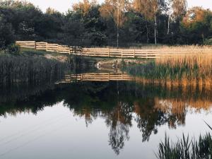 a pond with a fence and trees in the background at Biesiada pod lasem in Kielce