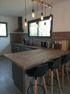 eine Küche mit einem Holztisch und einigen Lampen in der Unterkunft La maison en bois in Monteils