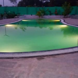 an empty swimming pool at night with green illumination at Sentosa Farms in Chinchavli