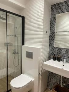 a bathroom with a shower and a toilet and a sink at Chrysanthi's Apartment in Preveza +17 photos