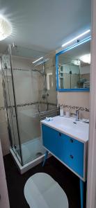 a bathroom with a blue sink and a shower at La Casa Di Nicole in Polignano a Mare