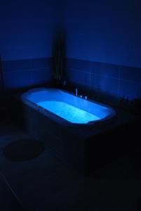 uma banheira azul num quarto escuro em Le Romarande, Cottage détente avec SPA privatif em Heubécourt