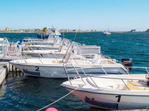 a group of boats docked at a dock in the water at Kaikanten Rorbuer - Røst in Røst