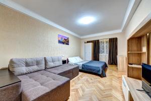 ein Wohnzimmer mit einem Sofa und einem Bett in der Unterkunft Apartments near Ocean Plaza Druzhby Narodov Boulevard 8a in Kiew