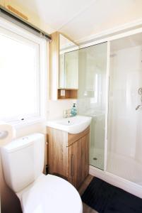 een badkamer met een toilet, een wastafel en een douche bij schönes Chalet Tinyhouse in Ostseenähe 13km - sehr ruhige Dorflage in Vogtshagen