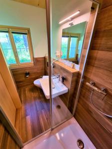 a bathroom with a sink and a mirror at Triftblick in Gadmen