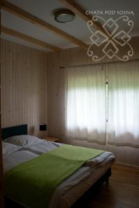 a bedroom with a large bed with a chandelier at CHATA POD SOSNĄ in Czaszyn
