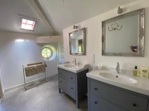 La salle de bains est pourvue d'un lavabo et d'un miroir. dans l'établissement Domaine en Reynouse, à Pierreclos