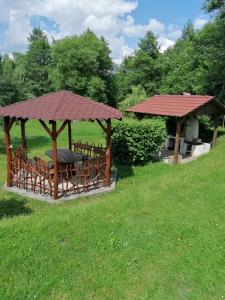deux kiosques dans une cour herbeuse avec une table dans l'établissement Casa de vacanța Marin, à Arpaşu de Sus