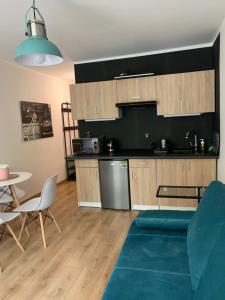 cocina y sala de estar con sofá y mesa en SEN na CICHEJ - Apartamenty w PARKU, en Polanica-Zdrój