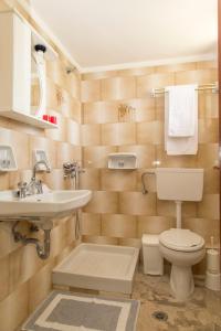 La salle de bains est pourvue de toilettes et d'un lavabo. dans l'établissement Ancient Assini Apartments, à Tolón