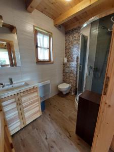uma casa de banho com um lavatório e um WC em KANADYJKA domki drewniane em Niedzica