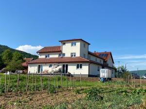 a large white house behind a fence at Apartmani Fenestra in Otočac