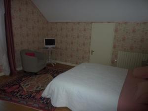 a bedroom with a bed and a chair and a television at L'orée du bois in Luzech