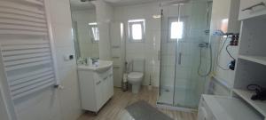 un bagno con doccia, lavandino e WC di CITY VIEW Kanonierska - przy parku blisko centrum a Świdnica