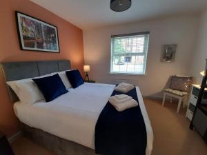 1 dormitorio con 1 cama grande con almohadas azules en Ideal Apartment - Sleeps 6 - Parking en Barnsley
