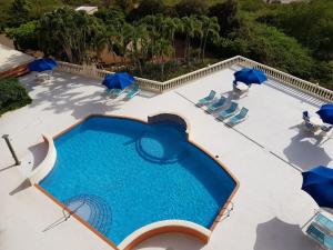 an overhead view of a swimming pool with chairs and umbrellas at Fabulous ocean view near beaches restaurants in a secured apartment resort in Willemstad