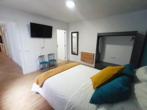 a bedroom with a large bed and a flat screen tv at Casa La Cañada in La Orotava