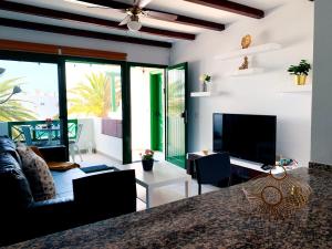 a living room with a couch and a television at Apartamentos LlAMAR in Puerto del Carmen