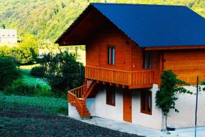 a small wooden building with a blue roof at Guesthouse Dolra Svaneti in Becho