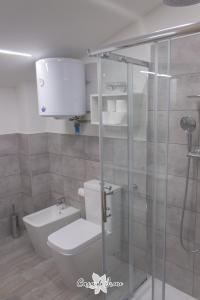 a bathroom with a toilet and a glass shower at Casa di Irene in Reggio Emilia