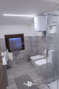 La salle de bains est pourvue de toilettes et d'une douche en verre. dans l'établissement Casa di Irene, à Reggio d'Émilie