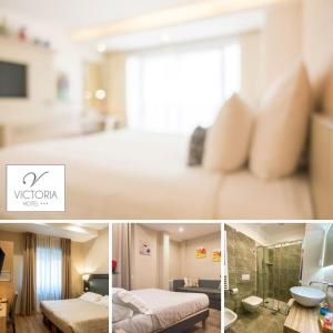 a collage of photos of a hotel room at Hotel Victoria in Cuneo