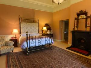 1 dormitorio con 1 cama y chimenea en Templemacateer, en Westmeath