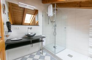a bathroom with a sink and a shower at Landhaus Am Arzbach in Bad Tölz