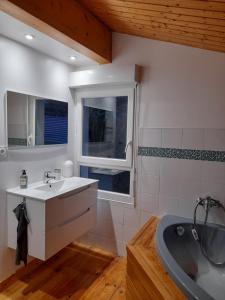 a bathroom with a sink and a tub and a window at La Maison au bord de l'Ain in Charnoz +21 photos