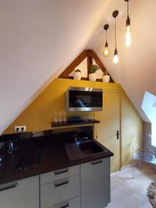 an attic kitchen with a sink and a microwave at Studio Exupere in Bayeux +12 photos