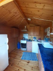 a kitchen with white appliances and wooden ceilings at Domki letniskowe u Janka in Ustronie Morskie