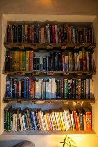 a book shelf filled with lots of books at Pura vida Mae Hostel in Yerba Buena