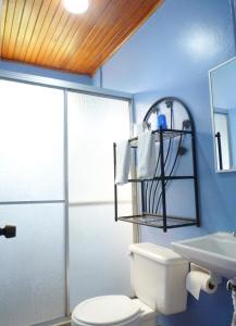 a bathroom with a toilet and a sink and a mirror at Hotel Naralit in Tilarán
