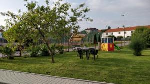 een park met een tafel en stoelen en een speeltuin bij Penzion Rozárka in Přísečná