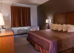 um quarto de hotel com uma cama grande e uma janela em Newcastle Lodge & Convention Center em Newcastle
