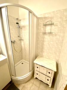 Apartmán Slapy-Ždáň في سلابي: حمام أبيض مع دش ومغسلة