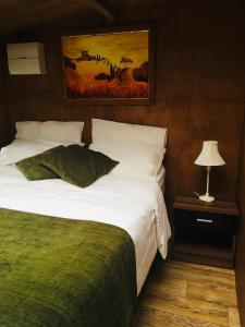 a bedroom with a large bed with a green blanket at The Dainty Den in Twitchen