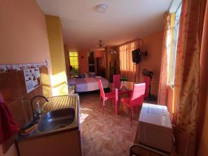 eine Küche mit einem Waschbecken und ein Zimmer mit einem Bett in der Unterkunft Travel House in Ica